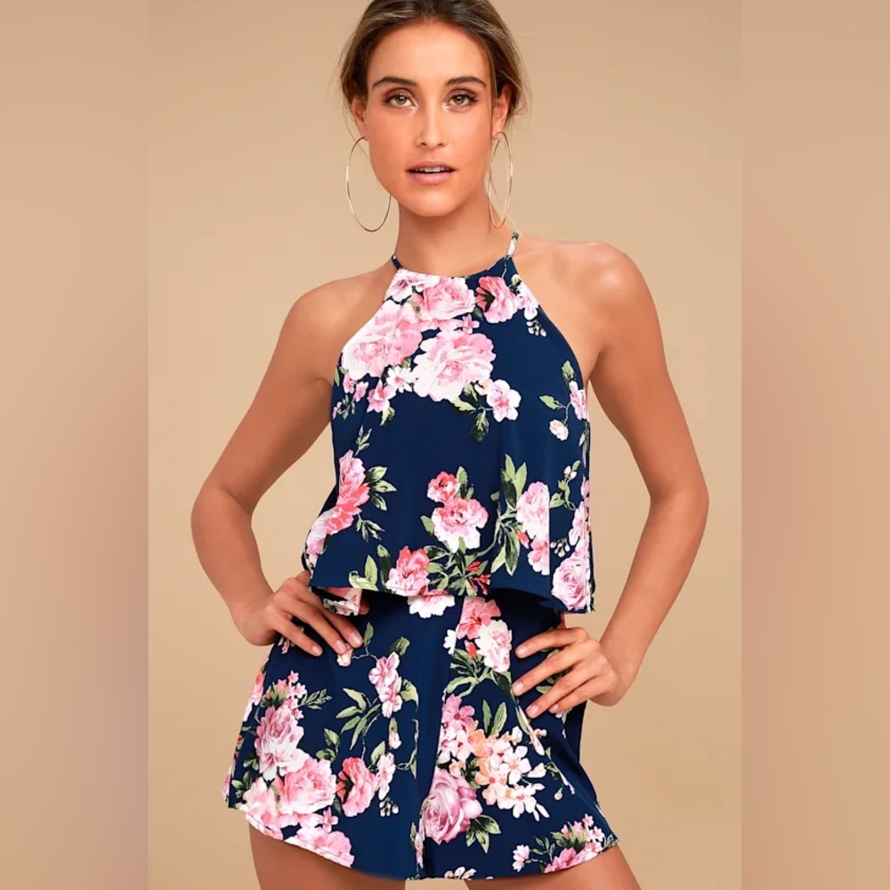 Lulus Women’s Small Navy Blue Floral Summer Vacation Romper